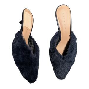 Zara Navy Blue Faux Fur Fuzzy Fluffy Kitten Heel Pointed Toe Mules Sz 37 6.5